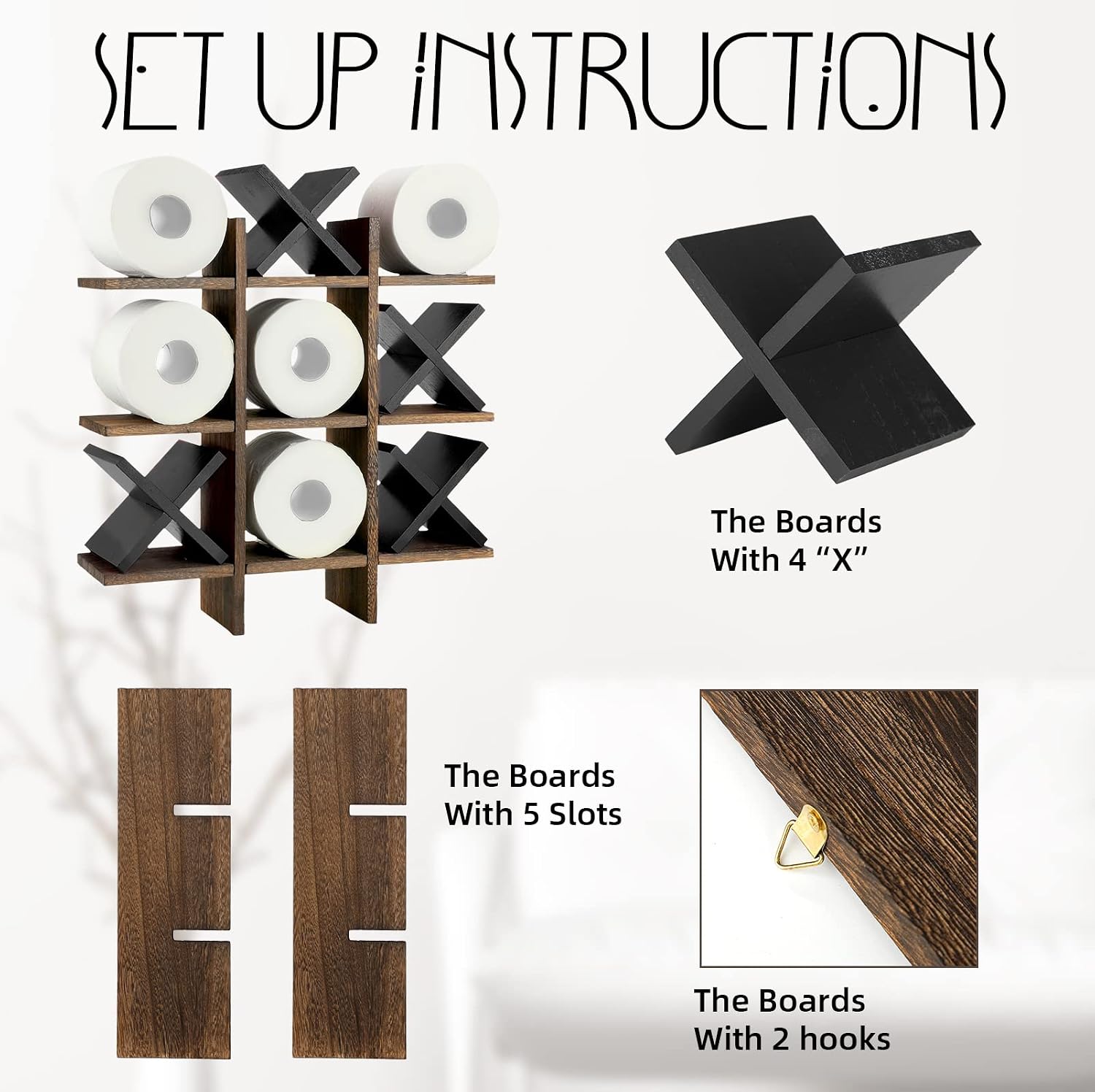 Weysat Tic Tac Toe Toilet Paper Holder Stand Bathroom Wall Decor Rustic Wooden Hanging Storage Freestanding Wall Mounted Shelves Decor for Toilet Tissue Farmhouse