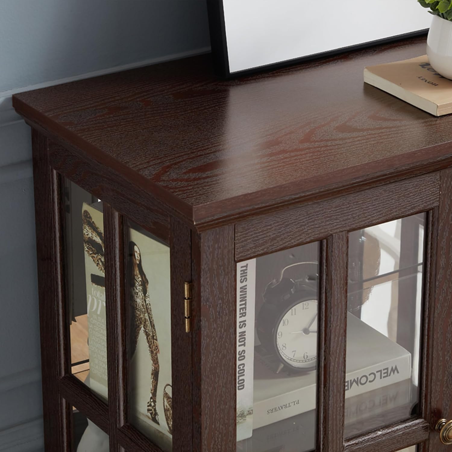 2 Door Curio Display Cabinet with LED Light & Adjustable Shelves, 30" Tableware Display Sideboard w/Mirrored Back Pane, Modern Glass Display Storage Cabinet for Kitchen & Living Room (Cherry)