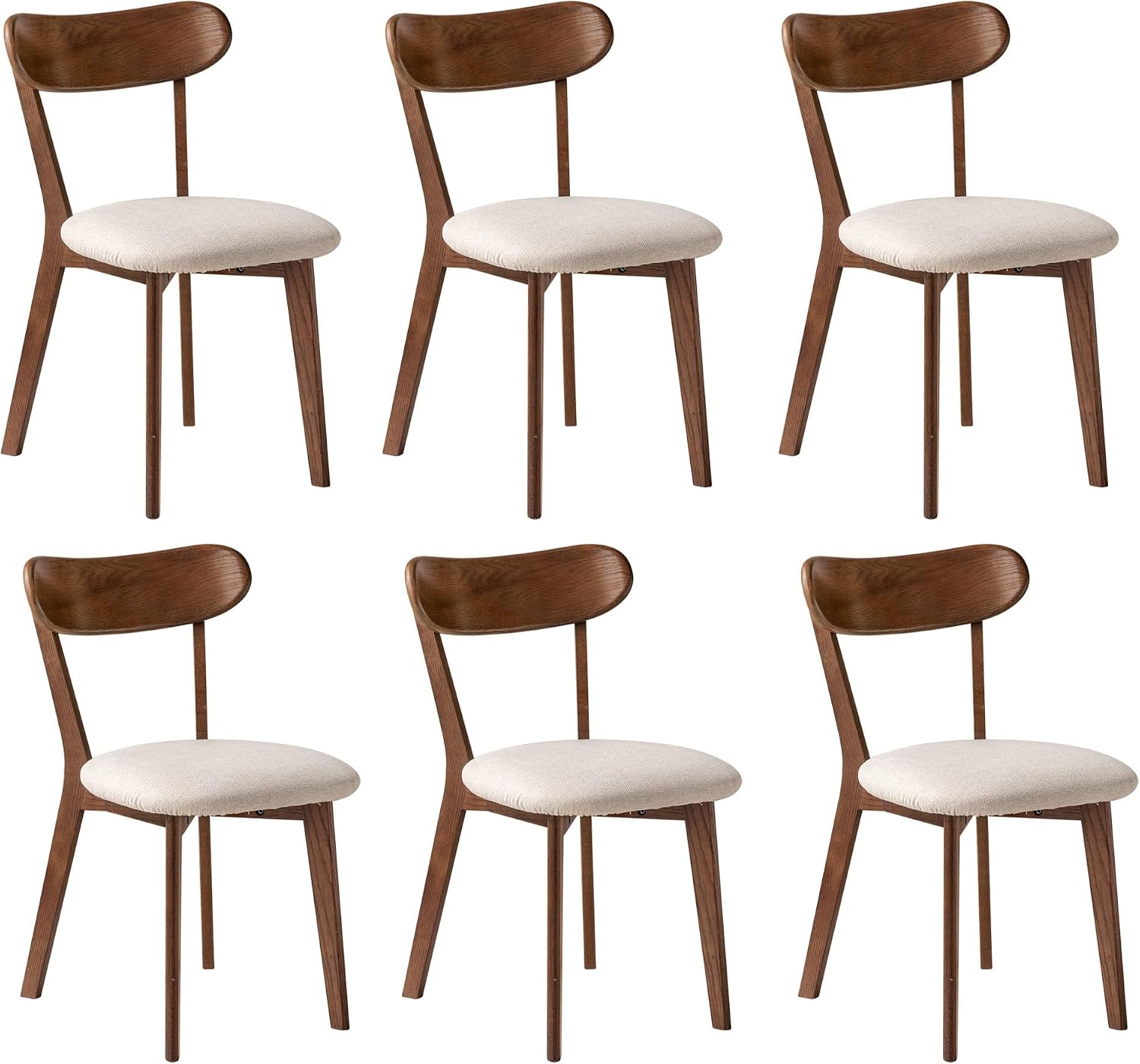 100% Solid Wood Upholstered Dining Chairs, Mid Century Modern Oak Dining Chairs with Curved Back Design with Butterfly Wing Shape for Kitchen, Dining Room, Restaurant (6, Walnut Color-Beige Cushion)