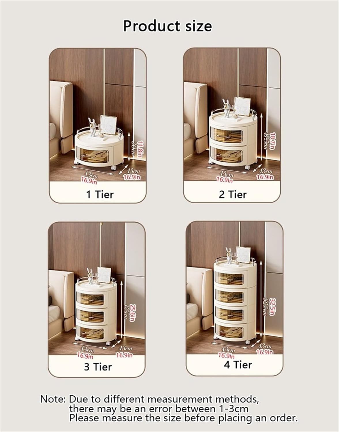 Movable Drawer Style Storage Cabinet Multifunctional Round Bedside Table with Drawers Free Standing End Table Household Side Table for Living Room Creative idea(White,1 Tier)
