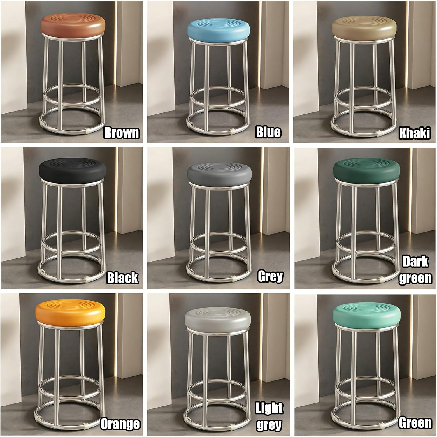 Stainless Steel Round Bar Stool, Backless Counter Stools, Office Three-Ring High Chair, for Pub Coffee Home Dinning Kitchen Island(Khaki,63cm)