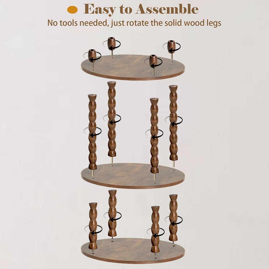 3-Tier Oval Side Table with Solid Wood Legs, Small End Table with Storage Shelves for Living Room Bedroom, Modern Night Stand Accent Table for Small Spaces, Easy Assembly