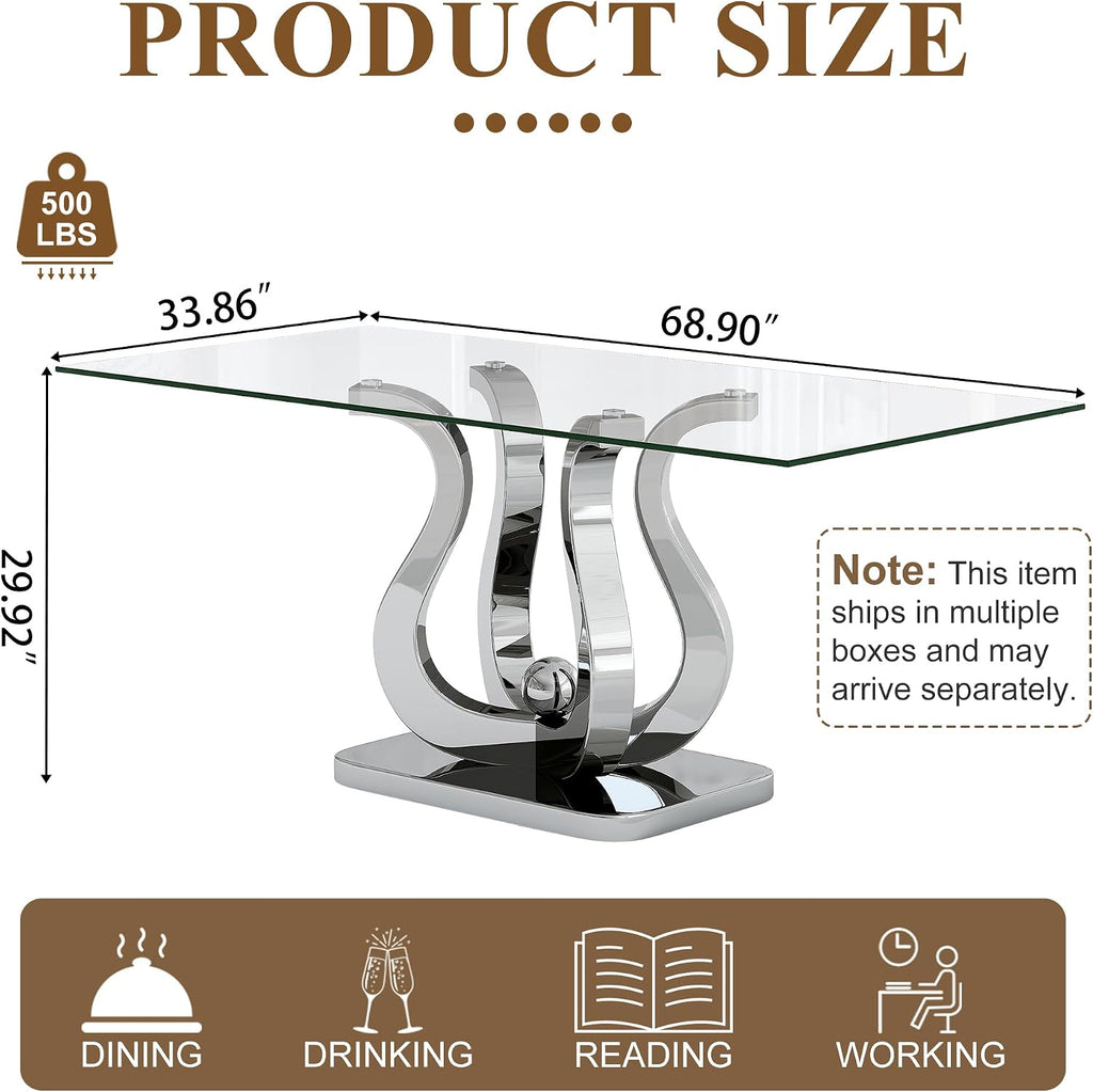 AF ARTISAN FURNITURE 69" Modern Tempered Glass Dining Table for 6-8, Rectangular Glass Kitchen Table with Mirror Stainless Steel Petal Base,Silver Dining Table for Dining Room, Apartment