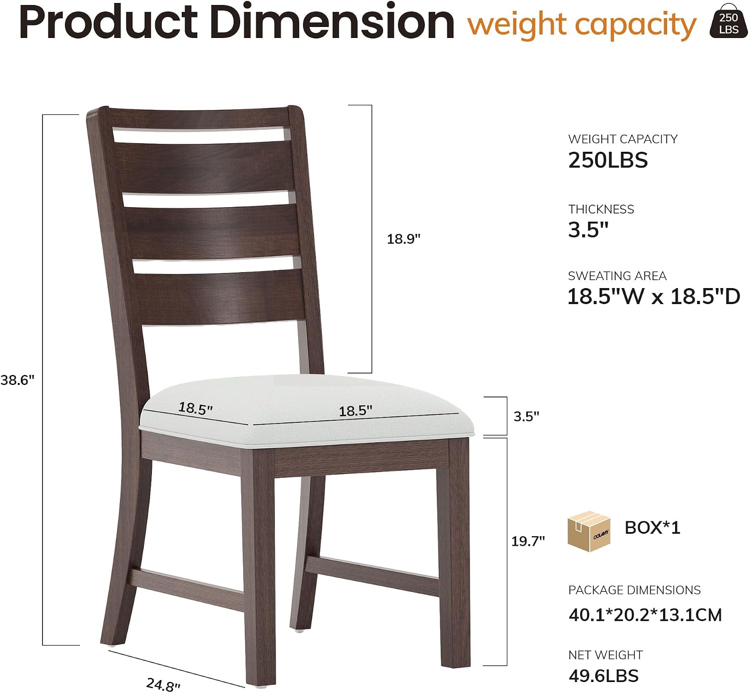 COLAMY Wooden Dining Chairs Set of 2, Farmhouse Upholstered Dining Room Chairs with 3.5" Thick Cushion, FSC Solid Wood Ladder Back Kitchen Chairs for Home and Restaurant, Easy Clean,Brown