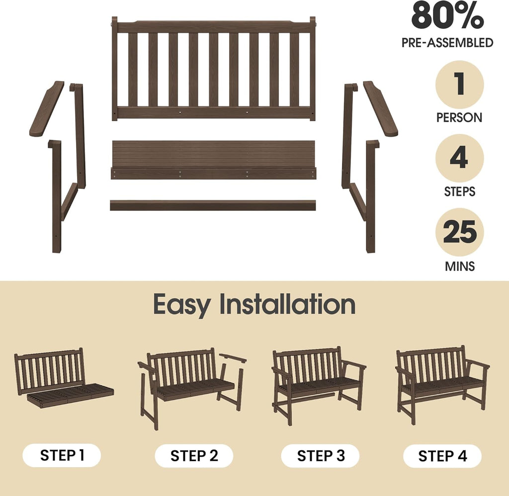 Ciokea 48" Outdoor Bench, HDPE Weatherproof Porch Bench, 2-Person Garden Benches with 550 Lbs, Waterproof Patio Benches for Outside Balcony Deck Backyard, Brown