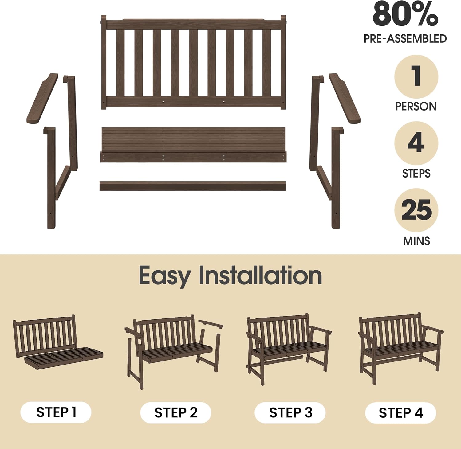 Ciokea 48" Outdoor Bench, HDPE Weatherproof Porch Bench, 2-Person Garden Benches with 550 Lbs, Waterproof Patio Benches for Outside Balcony Deck Backyard, Brown
