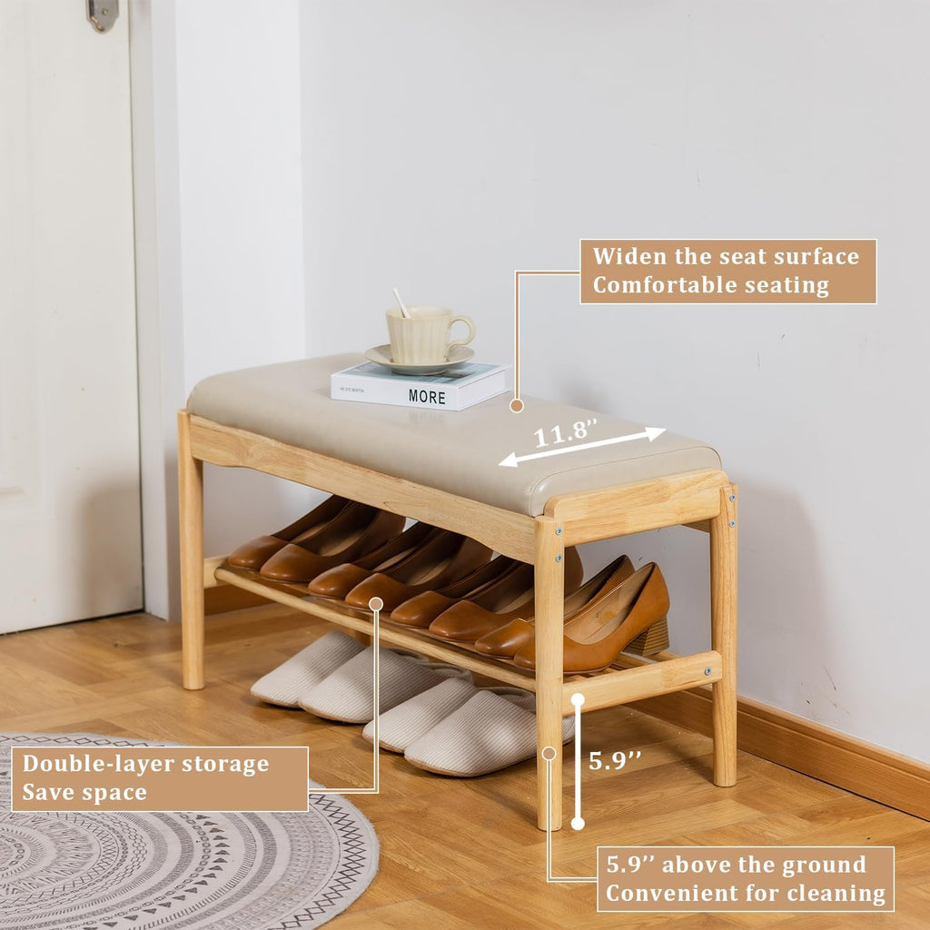 SOBIBO Entryway Shoe Bench with Cushioned Seat, 2-Tier Rubberwood Shoe Rack Storage Organizer for 8-12 Pairs, 31.5" Shoe Storage Bench (Beige & Natural Wood)