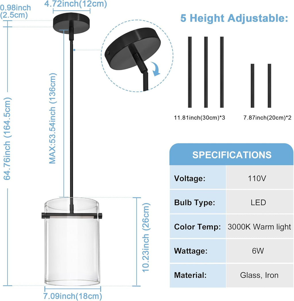 Biewalk Black Pendant Lights Kitchen Island with 10.2" Clear Glass Shade, Adjustable Modern Pendant Lighting Over Sink with LED, Minimalist Hanging Light Fixture for Dining Room Kitchen Bedroom