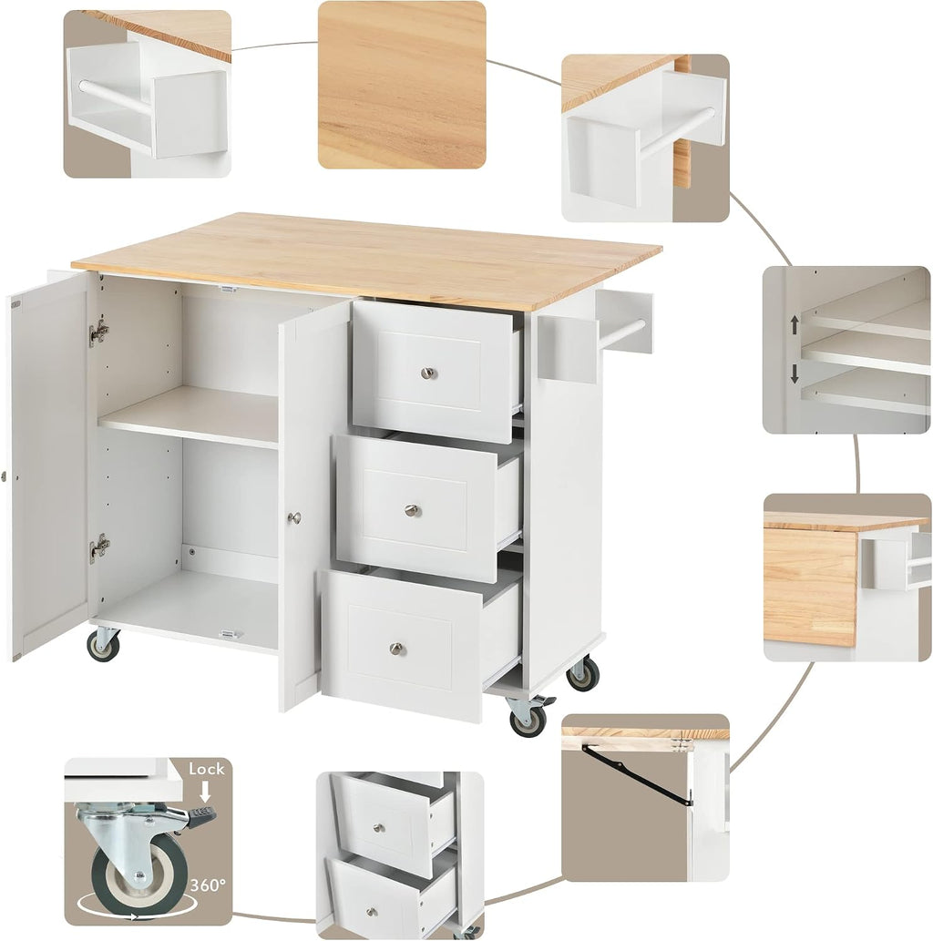 COMHOMA Mobile Kitchen Island with Solid Wood Top and Locking Wheels,Storage Cabinet and Drop Leaf Breakfast Bar,Spice Rack, Towel Rack & Drawer