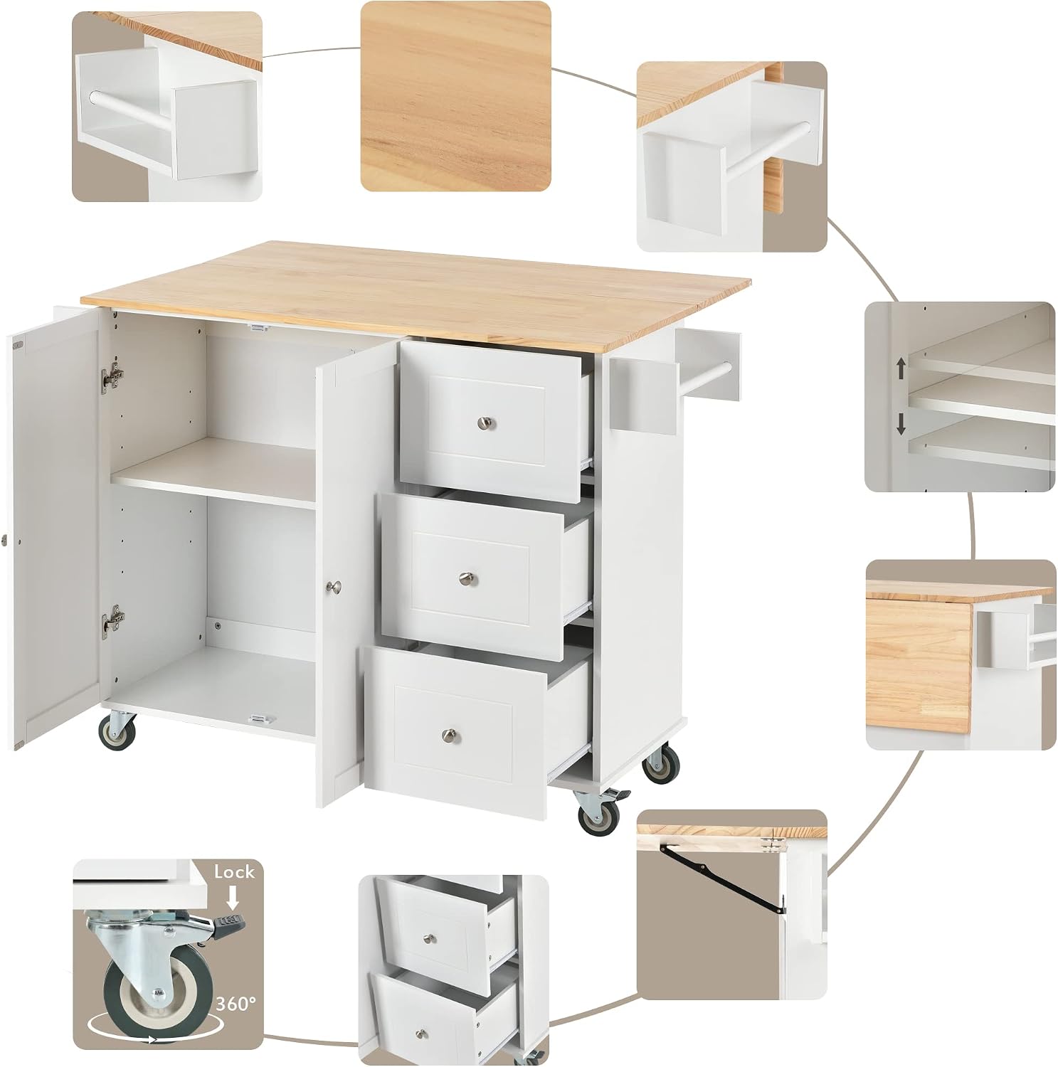 COMHOMA Mobile Kitchen Island with Solid Wood Top and Locking Wheels,Storage Cabinet and Drop Leaf Breakfast Bar,Spice Rack, Towel Rack & Drawer