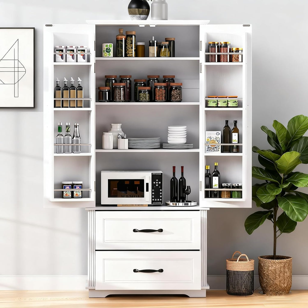 71" Tall Farmhouse Pantry Cabinet, Wood Storage Cabinet with 2 Doors, 2 Drawers and 3 Adjustable Shelves, Freestanding Cupboard for Kitchen, Living Room, Dining Room and Home, Office, White