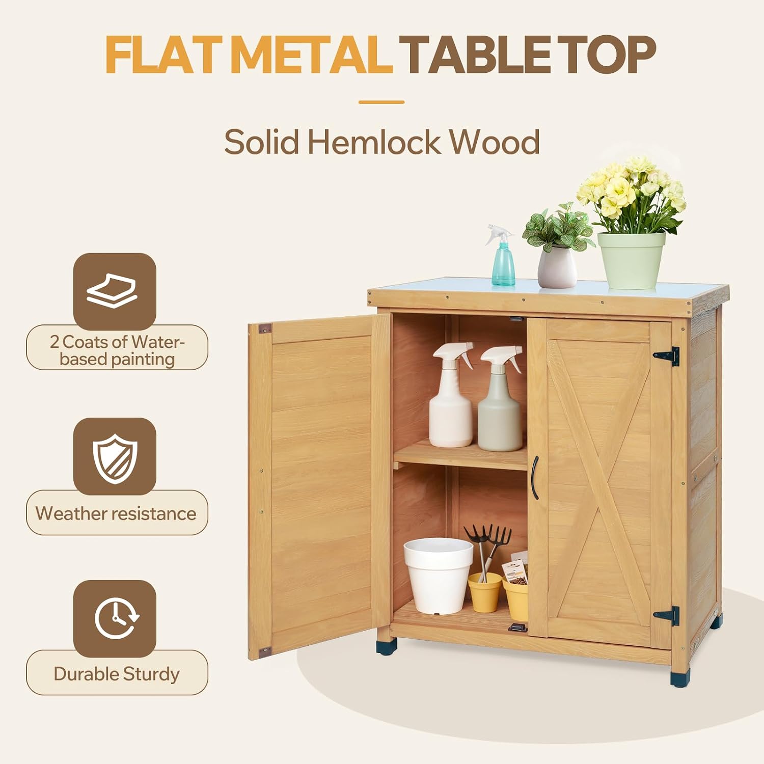31" Sturdy Living Room Cabinet, Practical Cabinets with Weatherproof Wood, Storage Locker with Magnetic Door for Outdoor Patio, Light Brown