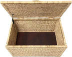 eHemco Water Hyacinth Wicker Storage Trunk with Metal Frame, Decorative Blanket Chest & Storage Box, Farmhouse Woven Storage for Bedroom, Living Room & Entryway, Natural, 30 x 17.5 x 17.5 Inch