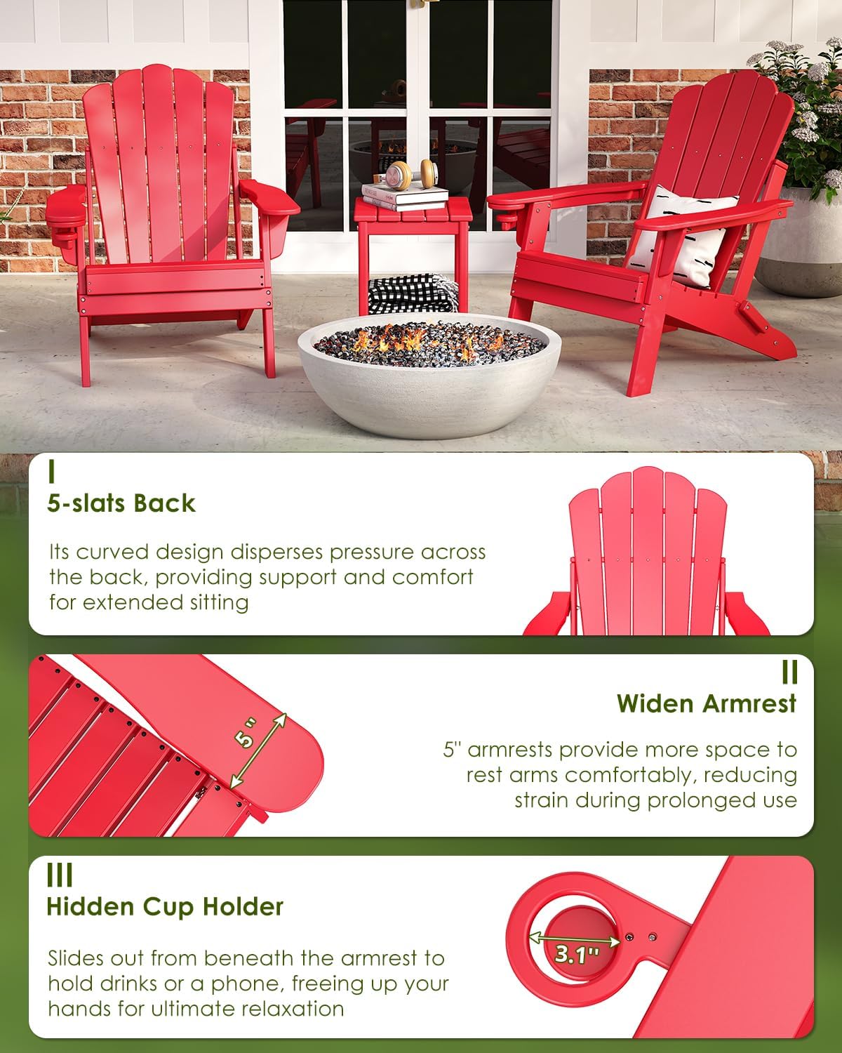 GREENVINES Oversized-Folding-Adirondack-Chairs-Set-of-2 | HDPE Plastic | Cup Holder | Fire Pit Chair | All Weather | for Outdoor Deck Backyard | Red