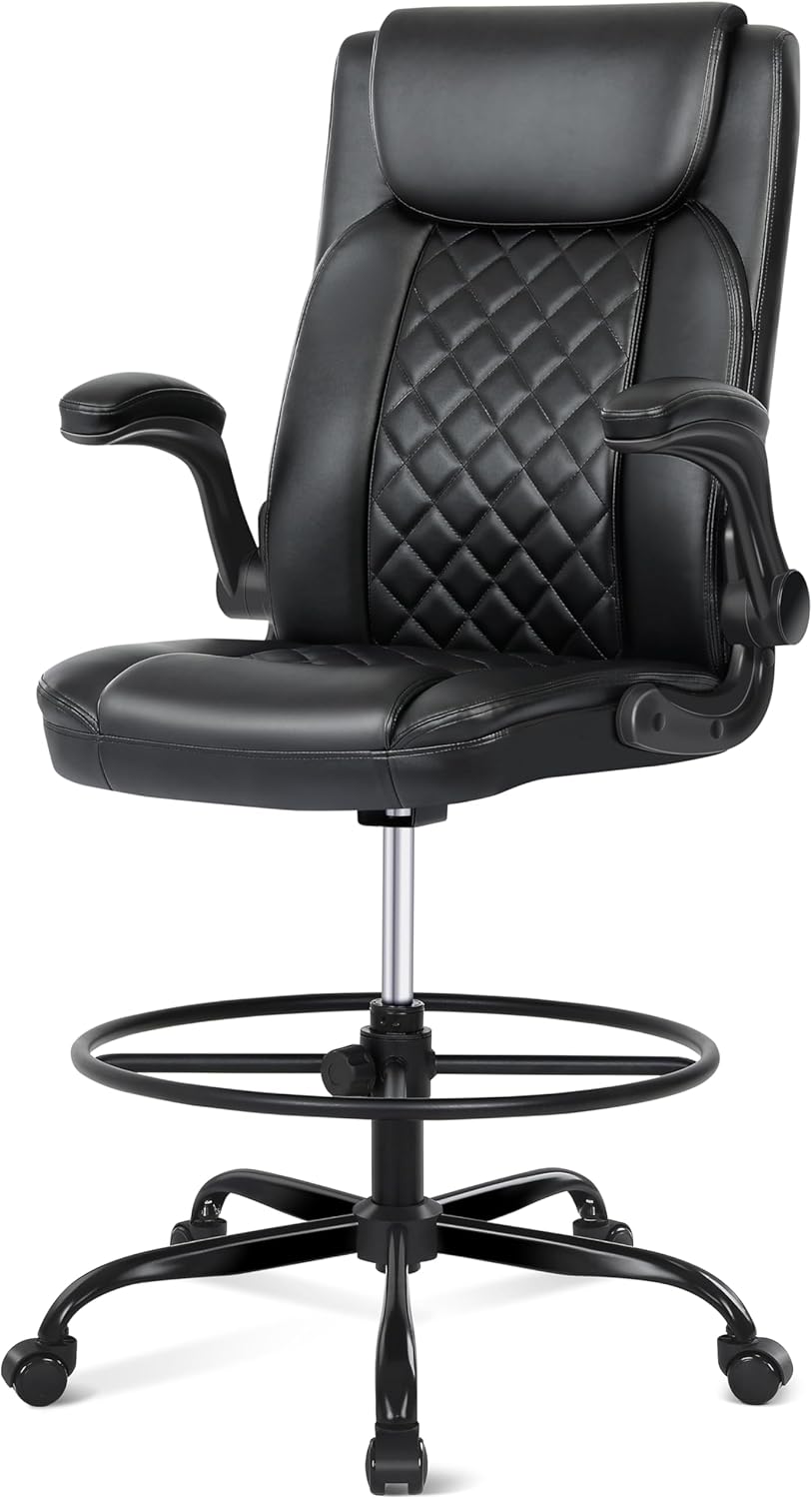 Misolant Drafting Chair with Footrest Ring, Tall Office Chair for Standing Desk, PU Faux Leather Bar Counter Height Chairs with Adjustable Height, 360° Swivel Wheels for Garage Office, Black