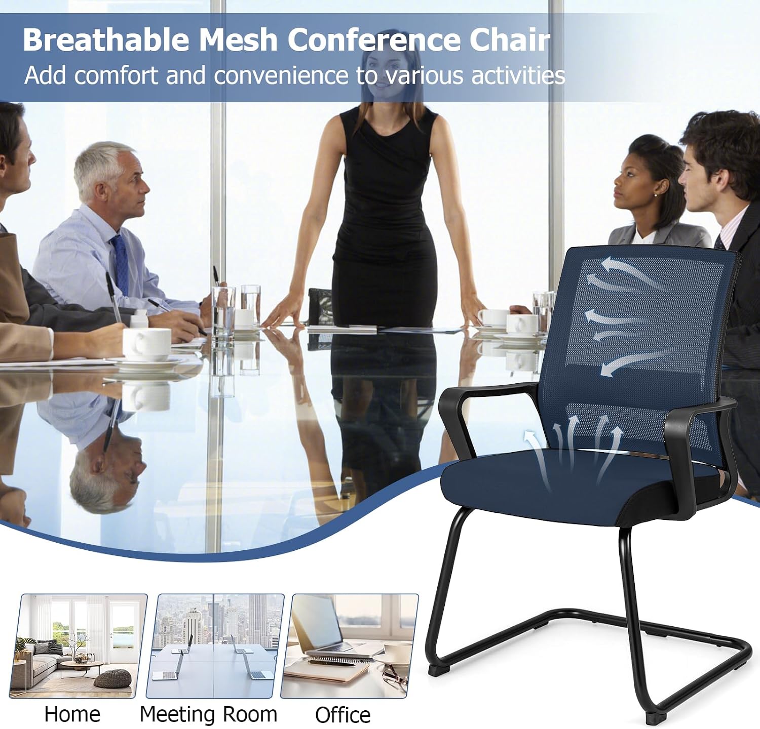 GOFLAME Office Guest Chair, Conference Chair with Lumbar Support & Metal Sled Base, Upholstered Ergonomic Mid-Back Mesh Chair, Executive Chair for Reception Conference Room, Waiting Room, 2 Pack