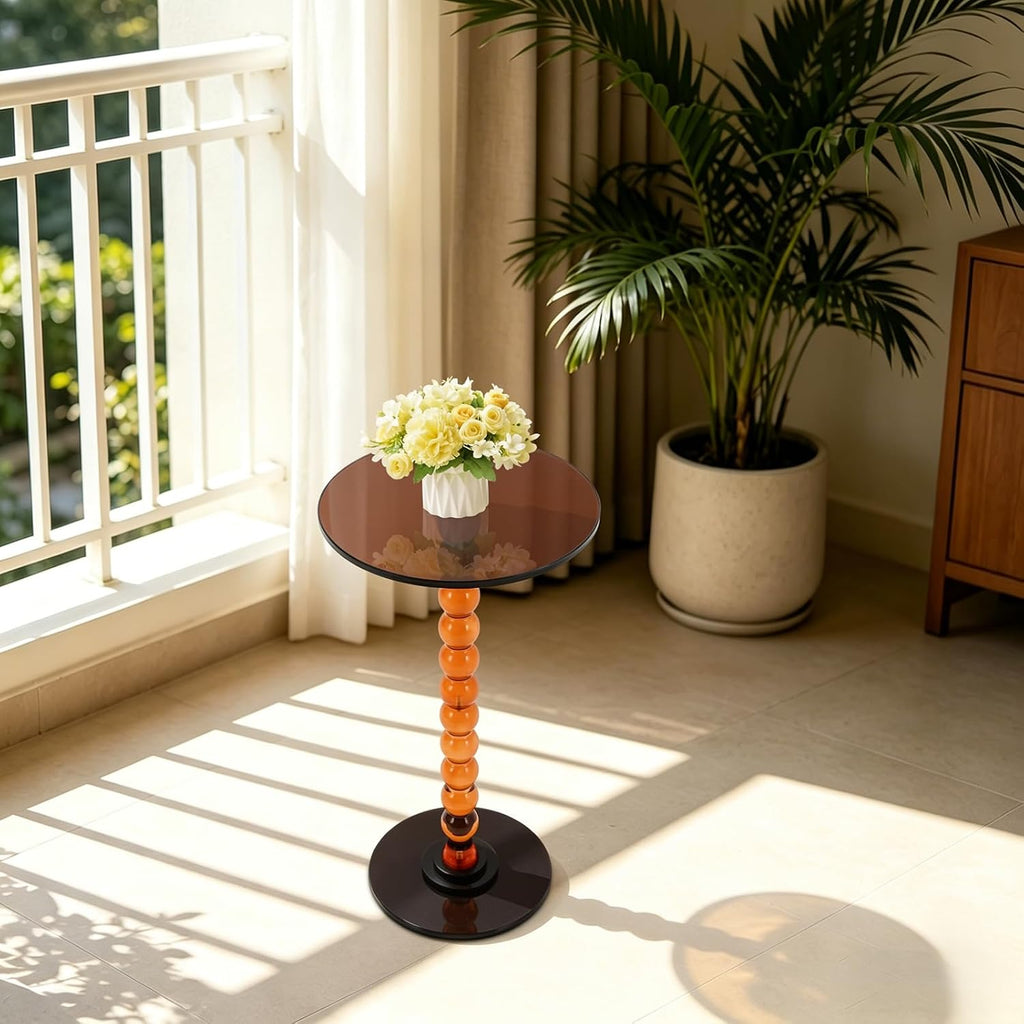 Acrylic End Table, Round Top with Solid Post, Outdoor Side Tables & Drink Tables, Small Space Accent Table for Living Room Bedroom Sofa, Easy Assembly, Brown