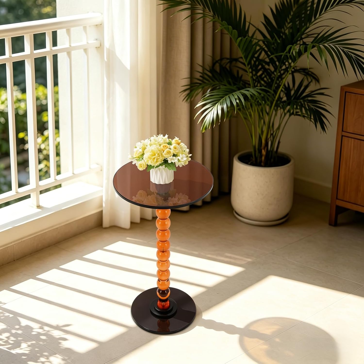 Acrylic End Table, Round Top with Solid Post, Outdoor Side Tables & Drink Tables, Small Space Accent Table for Living Room Bedroom Sofa, Easy Assembly, Brown