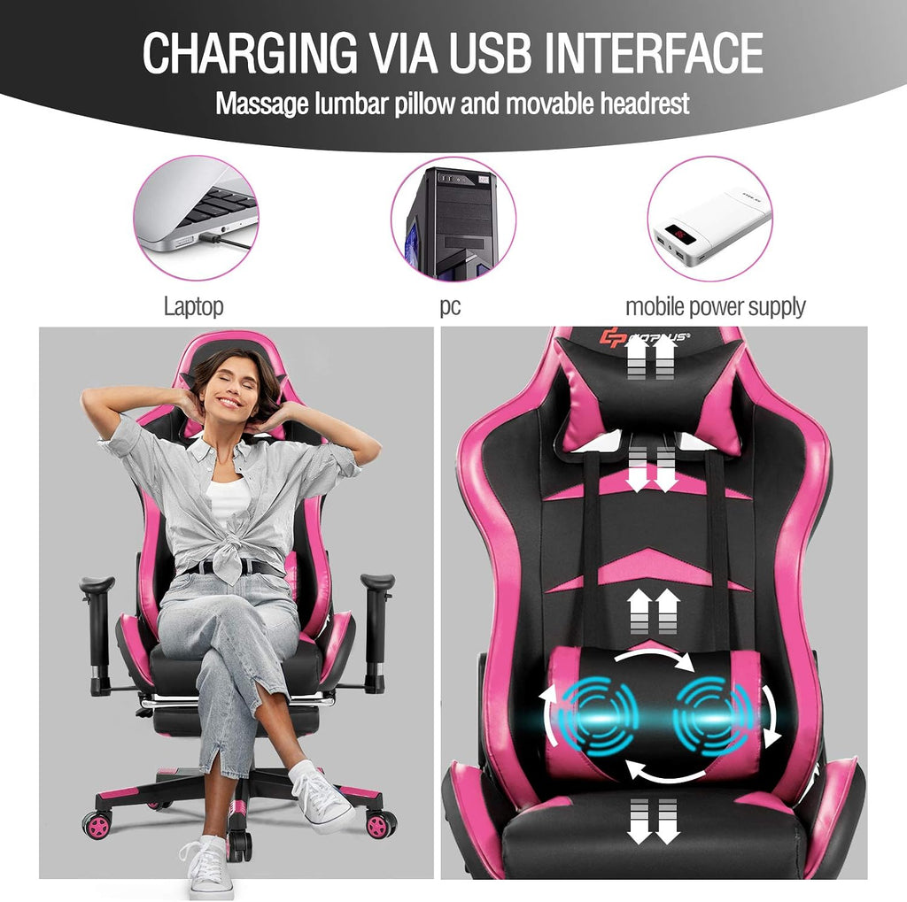POWERSTONE Gaming Chair - Pink Ergonomic Gaming Chair with Footrest for Women Racing Esports Computer Chair High-Back Lumbar Massage Leather Recliner Rolling Swivel Chair (Pink)