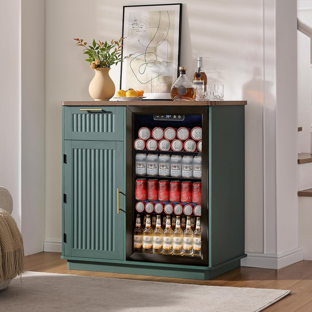 Okvnbjk Mini Fridge Cabinet with Storage & Power Outlet, Green | Coffee Bar Cabinet with Fridge Space, Modern Fluted Bar Cabinet with Drawer & Storage for Living Room, Dining Room, Dorm
