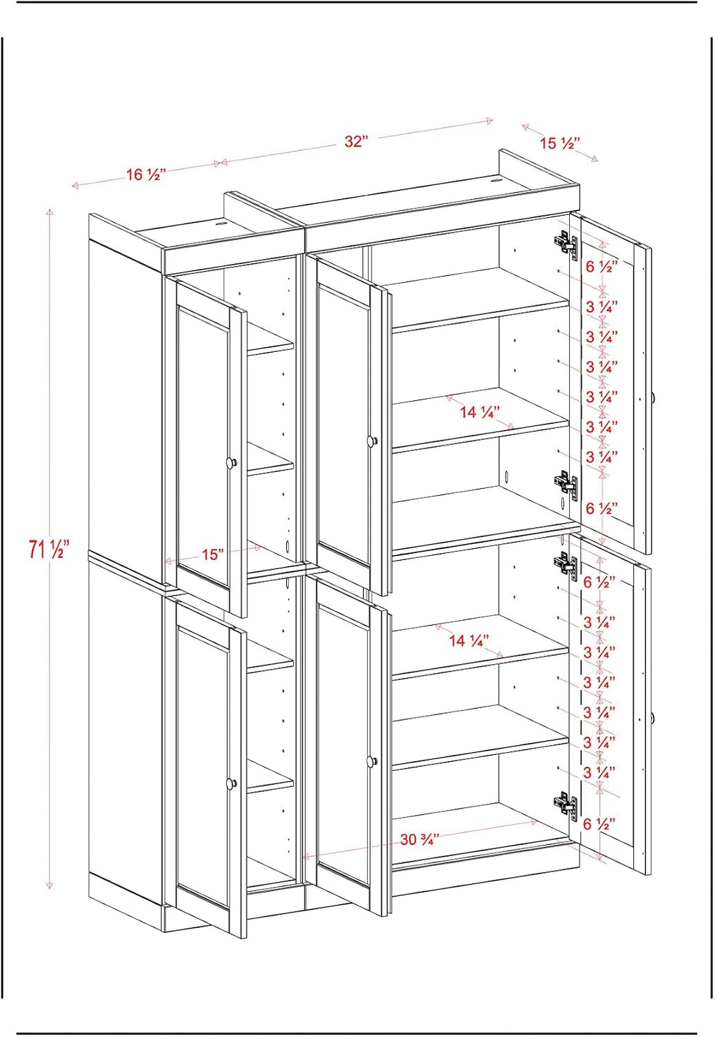 Palace Imports Solid Wood Kitchen Pantry Cabinet 71.5" Tall, 48.5" Wide – Utility Storage Cabinet w/ 6 Shaker Doors & 8 Adjustable Shelves – Sage, 100% Renewable Eco-Friendly Wood, Made in Brazil