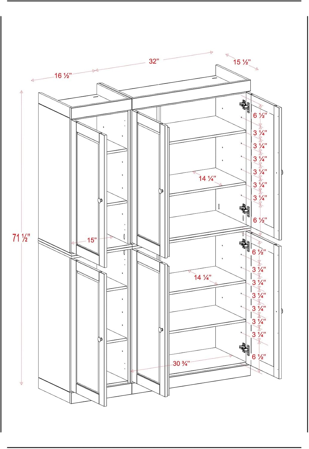 Palace Imports Solid Wood Kitchen Pantry Cabinet 71.5" Tall, 48.5" Wide – Utility Storage Cabinet w/ 6 Shaker Doors & 8 Adjustable Shelves – Sage, 100% Renewable Eco-Friendly Wood, Made in Brazil