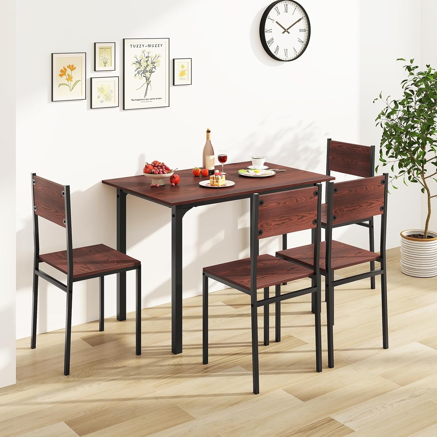 Tangkula Dining Table Set for 4, Modern Table and Chairs Set of 4 for Kitchen Dining Room Breakfast Nook (Walnut)