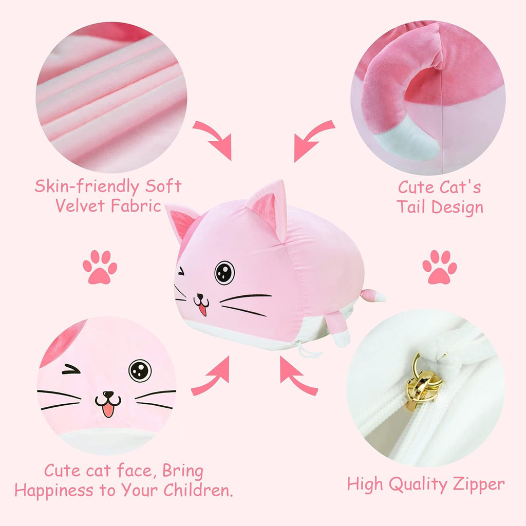Anzitinlan Cute Cat Bean Bag Chair for Kids, Pink Stuffed Animal Storage Beanbag Chairs for Girls Room Decor, Extra Large Size, Velvet Super Soft Cover Only