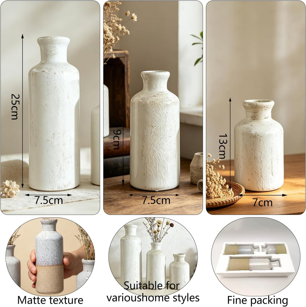 Modern Ceramic Vase Set of 3,White Rustic Vase Home Decor, Farmhouse Vase Decor for Shelves,Entry Table,Living Room,Fireplace