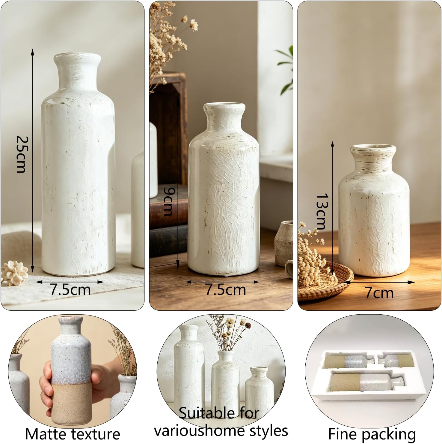 Modern Ceramic Vase Set of 3,White Rustic Vase Home Decor, Farmhouse Vase Decor for Shelves,Entry Table,Living Room,Fireplace