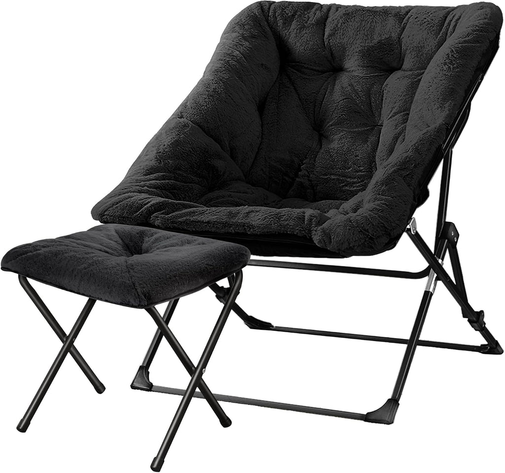 Walsham Folding Comfy Chair with Ottoman, Faux Fur Soft Cozy Lounge Reading Papasan Chair with Footrest for Adults Kids Bedroom Living Room Dorms Small Space, Black