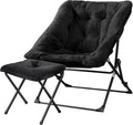 Walsham Folding Comfy Chair with Ottoman, Faux Fur Soft Cozy Lounge Reading Papasan Chair with Footrest for Adults Kids Bedroom Living Room Dorms Small Space, Black