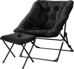 Walsham Folding Comfy Chair with Ottoman, Faux Fur Soft Cozy Lounge Reading Papasan Chair with Footrest for Adults Kids Bedroom Living Room Dorms Small Space, Black