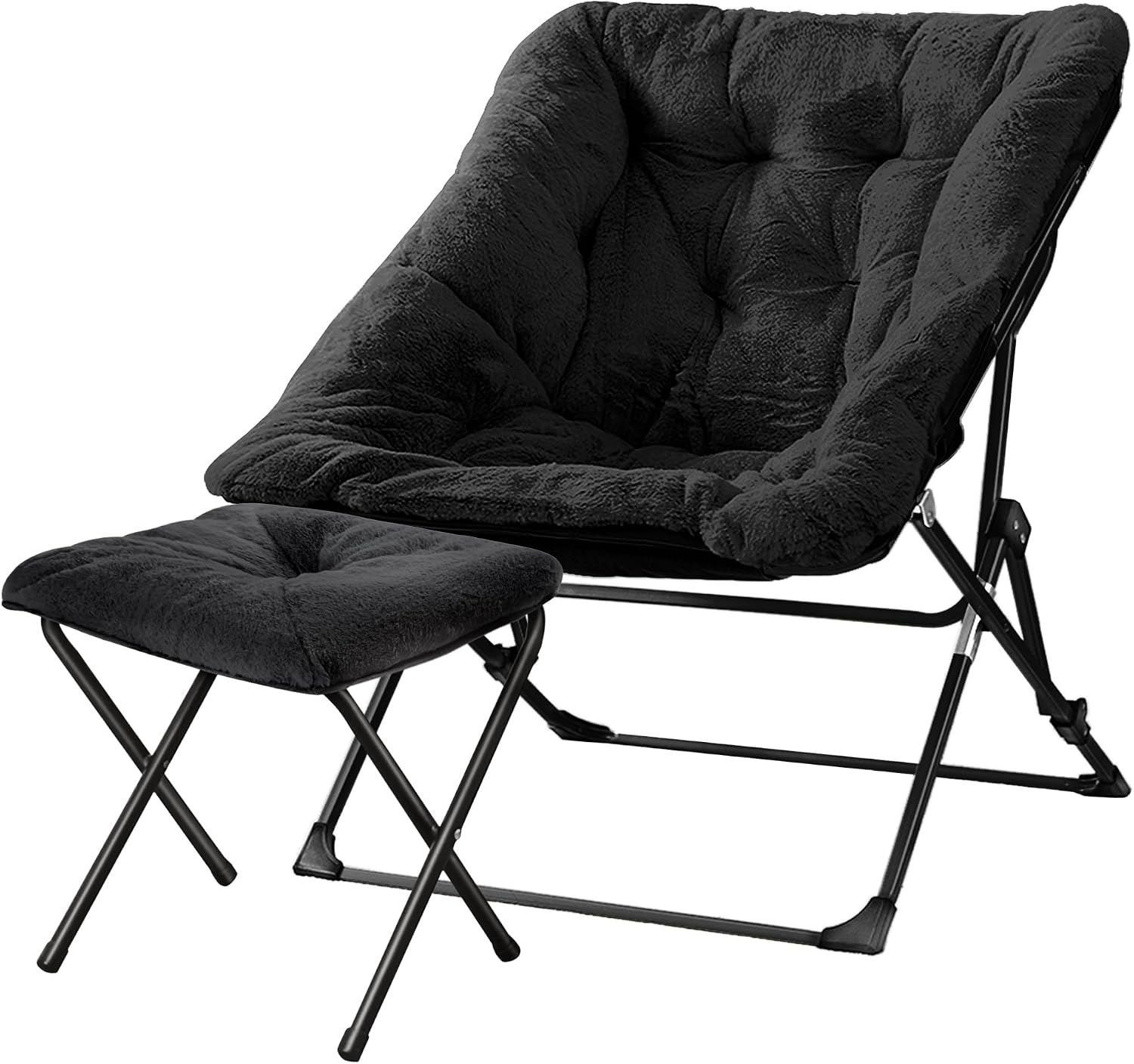 Walsham Folding Comfy Chair with Ottoman, Faux Fur Soft Cozy Lounge Reading Papasan Chair with Footrest for Adults Kids Bedroom Living Room Dorms Small Space, Black
