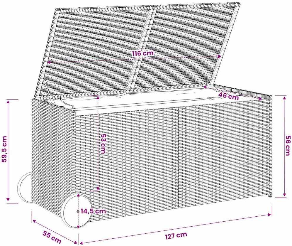 Garden Storage Box with Wheels 74.8 Gal Black Poly Rattan Resin Wicker Outdoor Patio Cushion Container Chest Weather Resistant for Backyard Deck