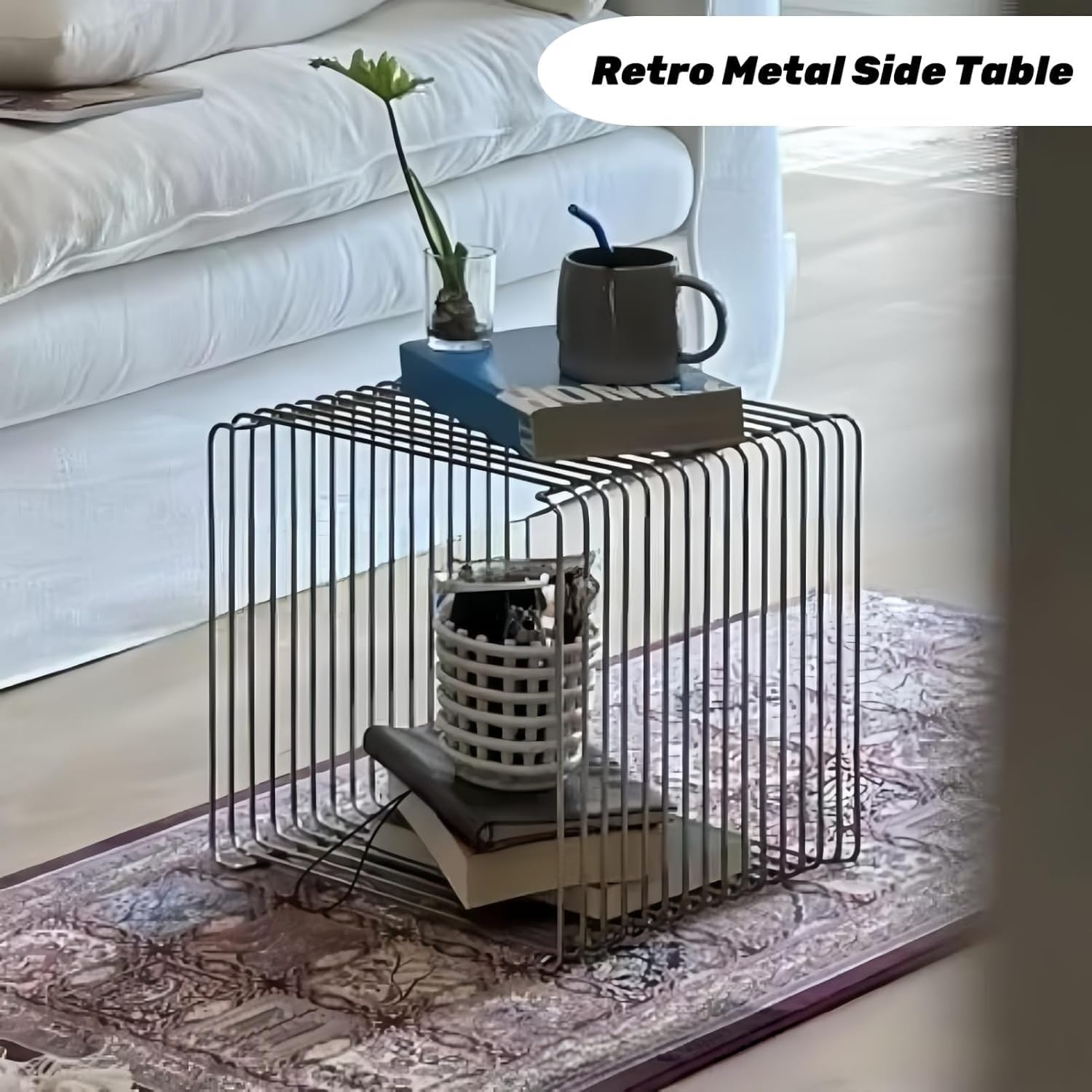 Stainless Steel Side Table, Metal Side Table with Wire Cube Storage, Retro Square Accent Table for Living Room Office Silver Finish (Silver,14in)
