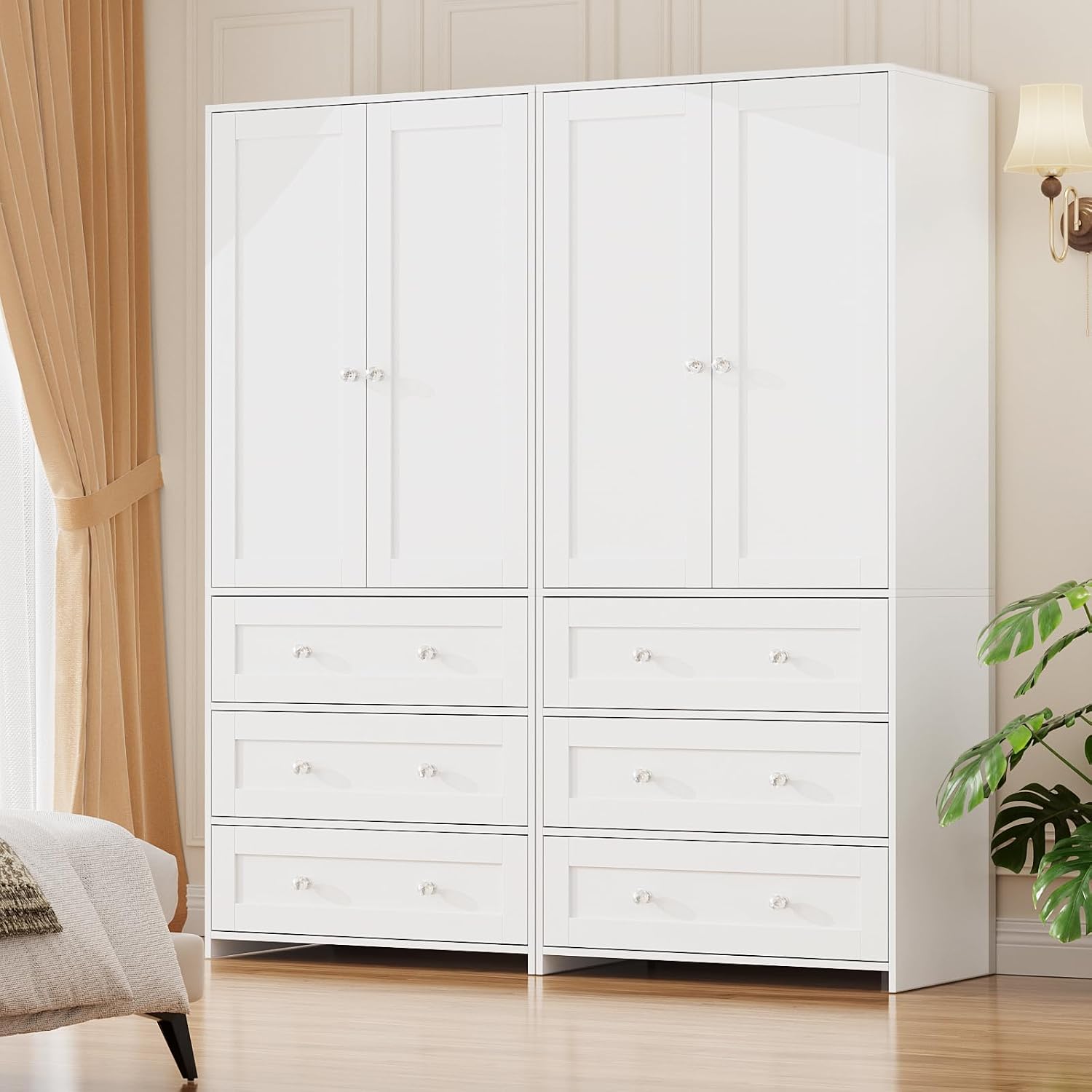 VOWNER 71" Tall Armoire Wardrobe Closet with Drawers and Mirror | Clothing Storage Cabinet with Hanging Rod, 2 Doors Wooden Wardrobe Cabinet for Bedroom, Large Capacity Storage (White)