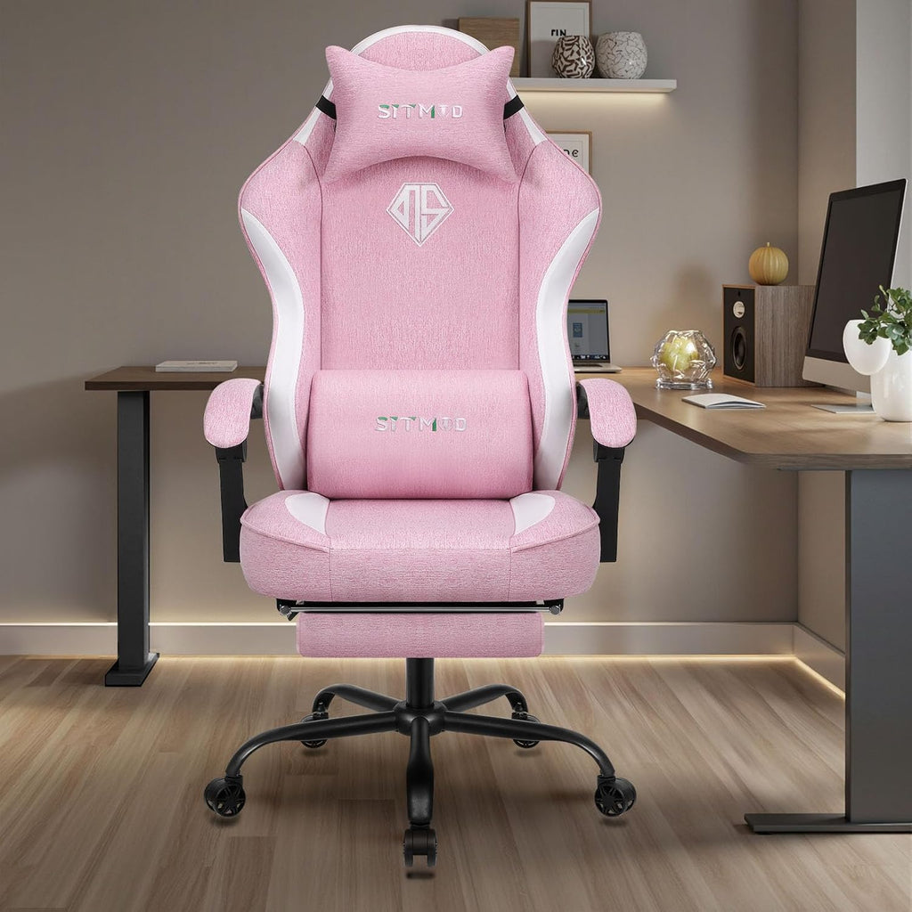 Gaming Chair, Video Gaming Chairs for Adults, Fabric Comfortable Computer Chair with Footrest, Pocket Spring Cushion, High Back Ergonomic Gamer Chair with 360° Swivel Seat for Office (Pink)