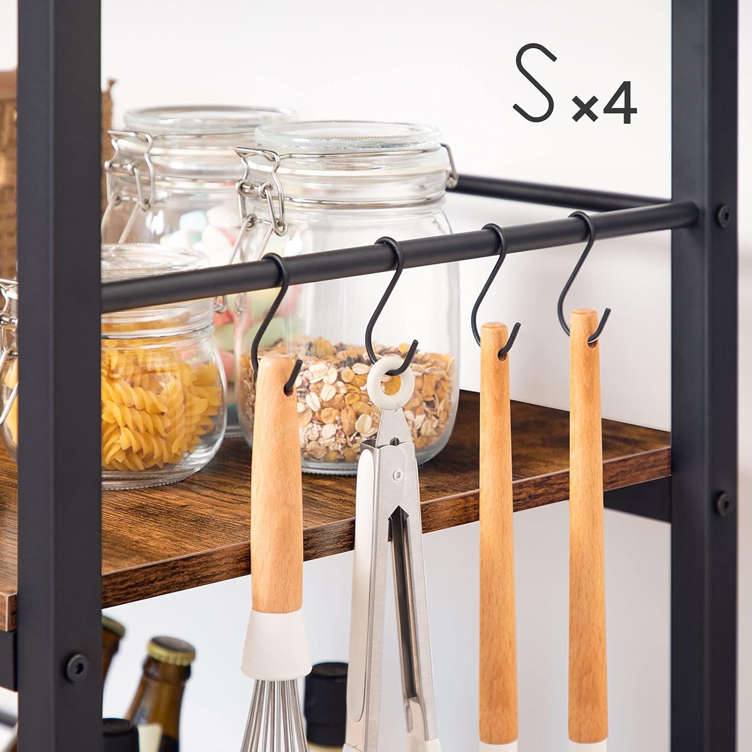 HOOBRO Kitchen Island with Wine Rack, Industrial Island Counter with Hooks and Protective Rails, 3 Tier Kitchen Shelf with Large Workstation, Easy Assembly, Rustic Brown BF02ZD01