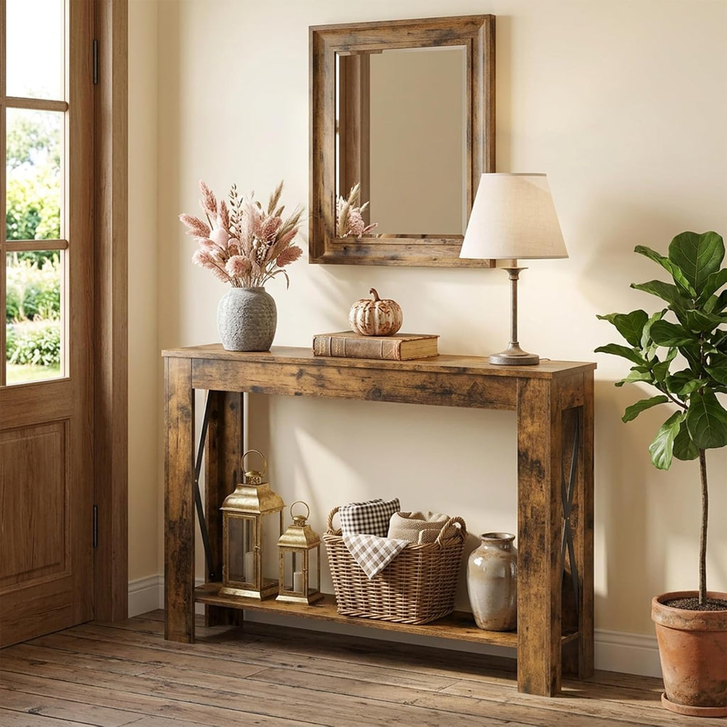 YATINEY Farmhouse Console Table, 39.4'' Small Narrow Entryway Table, Wood Couch Table Behind Sofa with Storage Shelf, Slim Farmhouse Hallway Table for Living Room, Hallway, Foyer, Rustic Brown CT34RR
