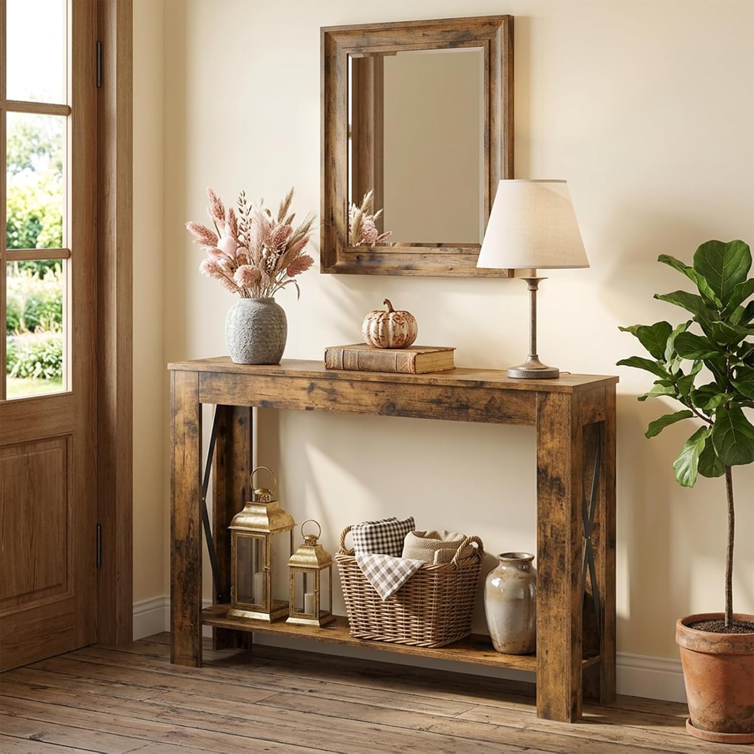 YATINEY Farmhouse Console Table, 39.4'' Small Narrow Entryway Table, Wood Couch Table Behind Sofa with Storage Shelf, Slim Farmhouse Hallway Table for Living Room, Hallway, Foyer, Rustic Brown CT34RR