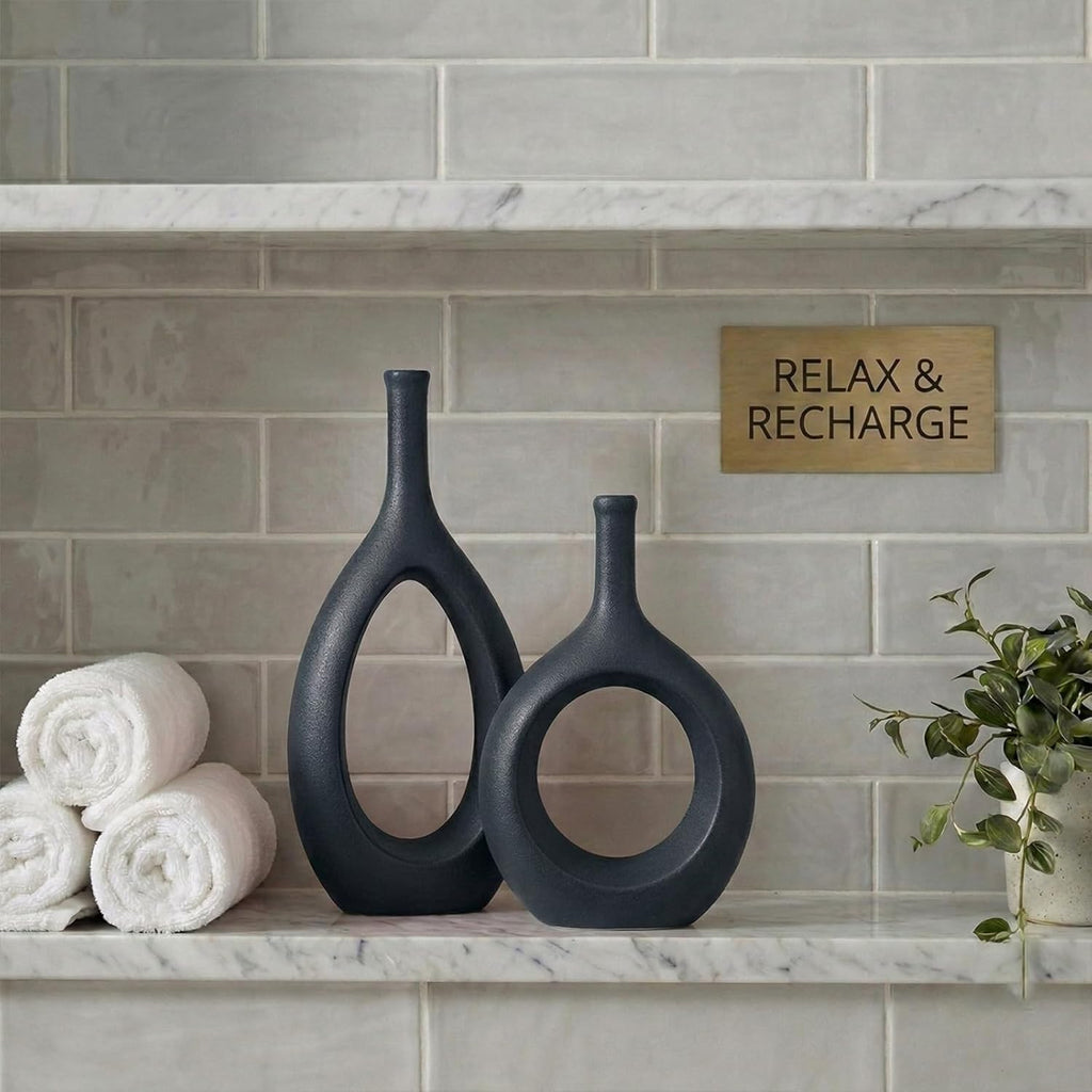 Black Ceramic Hollow Elliptical Vase Set of 2 - Boho Circle Vase with Hole, for Modern Black Table Decor, Living Room Decor Shelf mid Century Modern Home Entrance Decorative vase