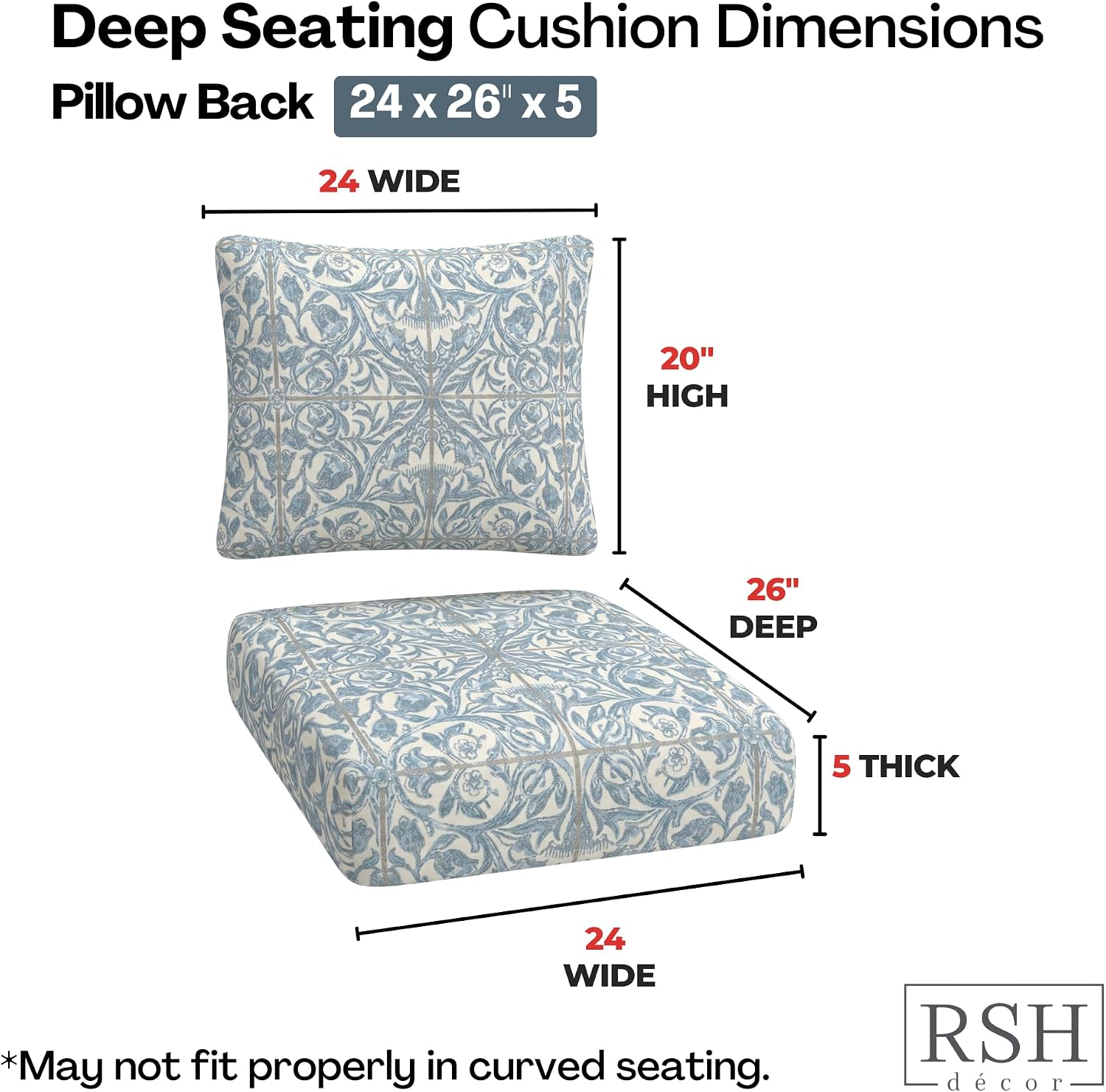 RSH DECOR: Sunbrella Deep Seating Cushion with Pillow Back | 24” x 26” x 5" Seat | Water & Fade-Resistant | Outdoor Chair Cushion Set for Patio Furniture | Made in USA (Provincial Azure)