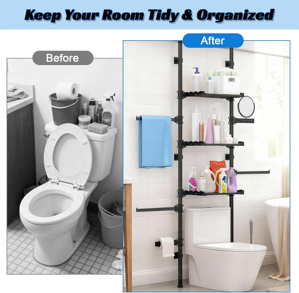 4-Tier Over The Toilet Storage Shelf, Adjustable Carbon Steel Bathroom Organizer, No Drill Tension Mount Freestanding Shelving Unit for Small Rooms, Space Saving Above Behind Toilet