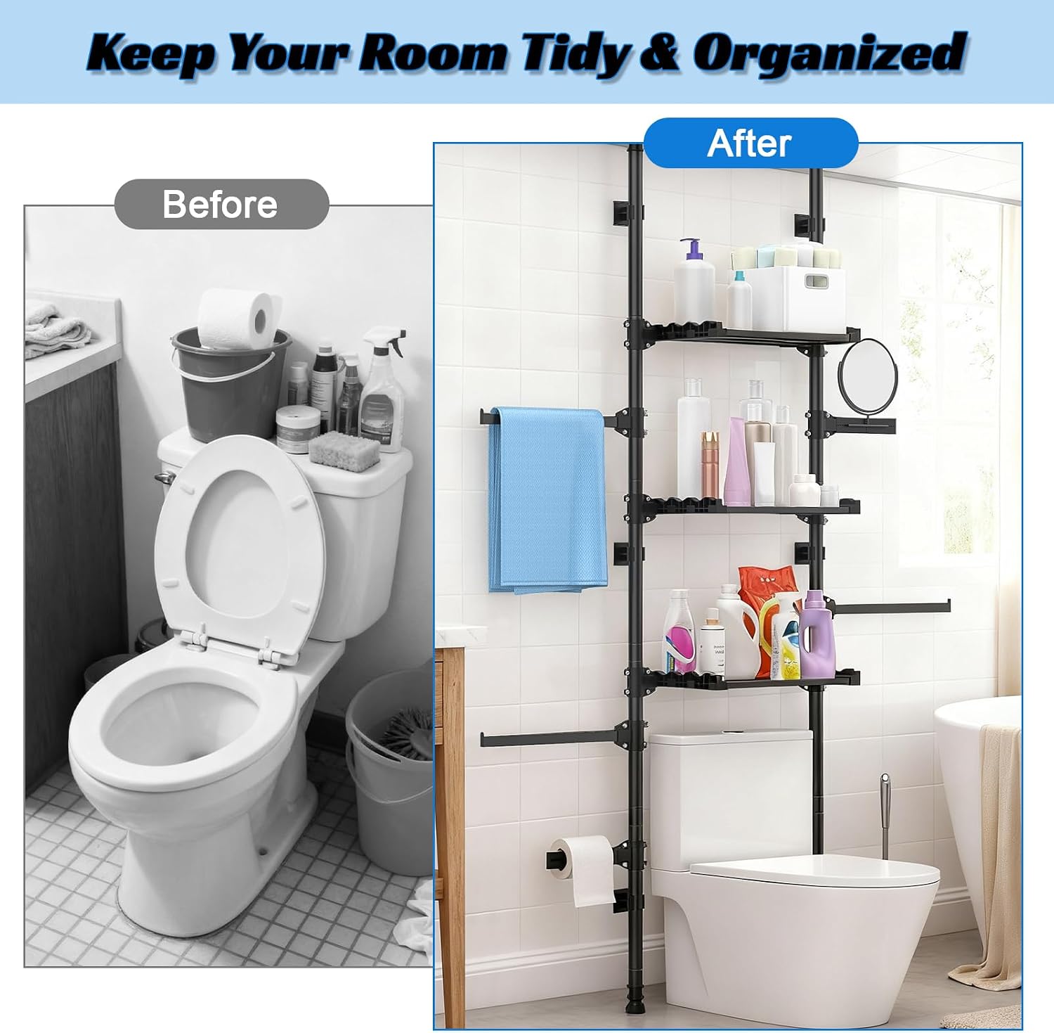 4-Tier Over The Toilet Storage Shelf, Adjustable Carbon Steel Bathroom Organizer, No Drill Tension Mount Freestanding Shelving Unit for Small Rooms, Space Saving Above Behind Toilet