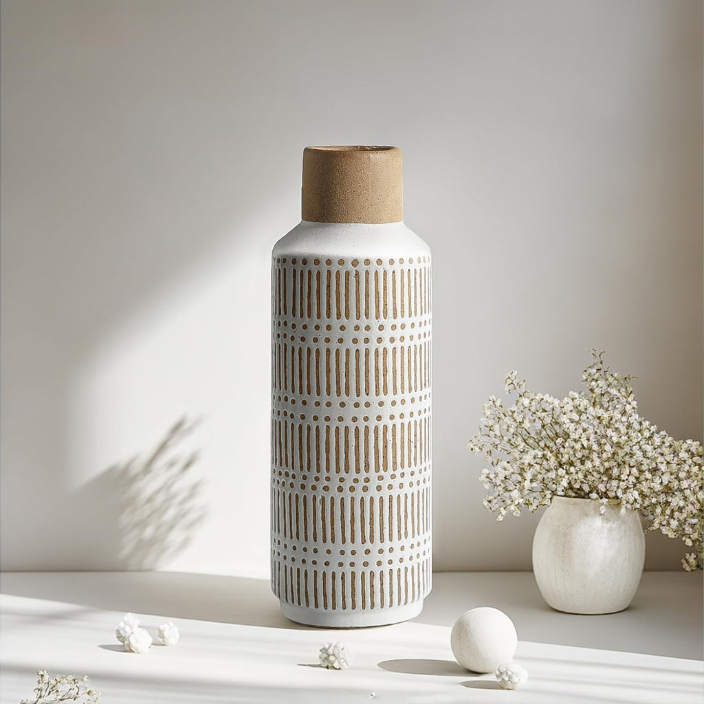 Rustic Ceramic Vase for Living Room Bedroom 11.02'' Farmhouse White Flower Vases for Bouquet Fake Plant Home Decor Office Table Shelf Fireplace Centerpieces Retro Vintage Classic Modern