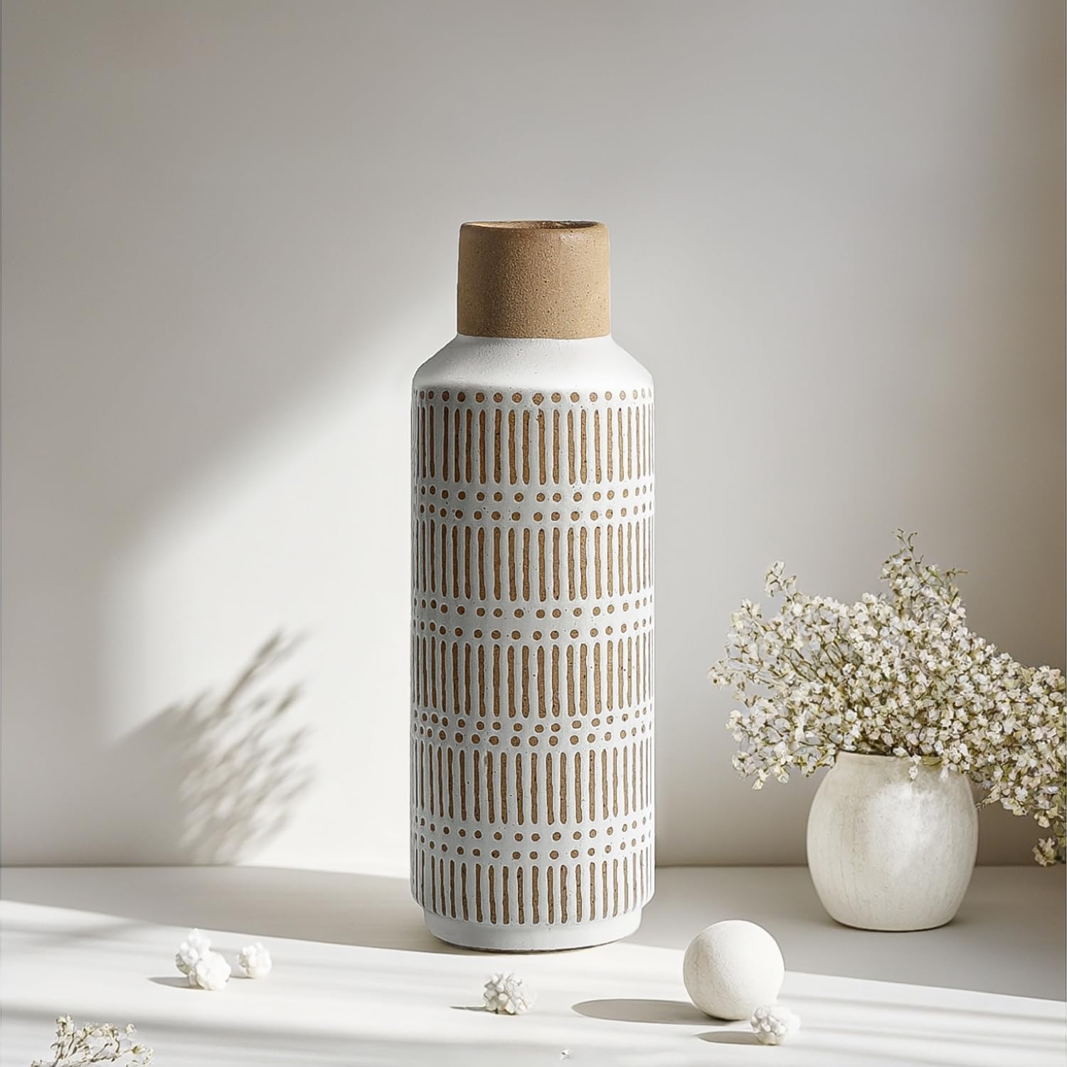 Rustic Ceramic Vase for Living Room Bedroom 11.02'' Farmhouse White Flower Vases for Bouquet Fake Plant Home Decor Office Table Shelf Fireplace Centerpieces Retro Vintage Classic Modern