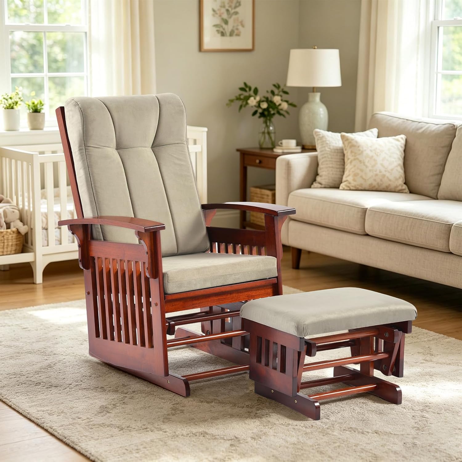 Glider Rocking Chair for the Nursery with Ottoman, 3A Solid Rubberwood Frame, Smooth-Gliding Rocking Chair,Easy to Assemble, for Nursery, Living Room, Bedroom, Classroom (Brown)