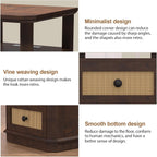 24" End Table Set of 2 with Charging Station, Rattan Drawer Sofa Side Table, Anti-Collision Corner Wooden Nightstand for Living Room Bedroom Office