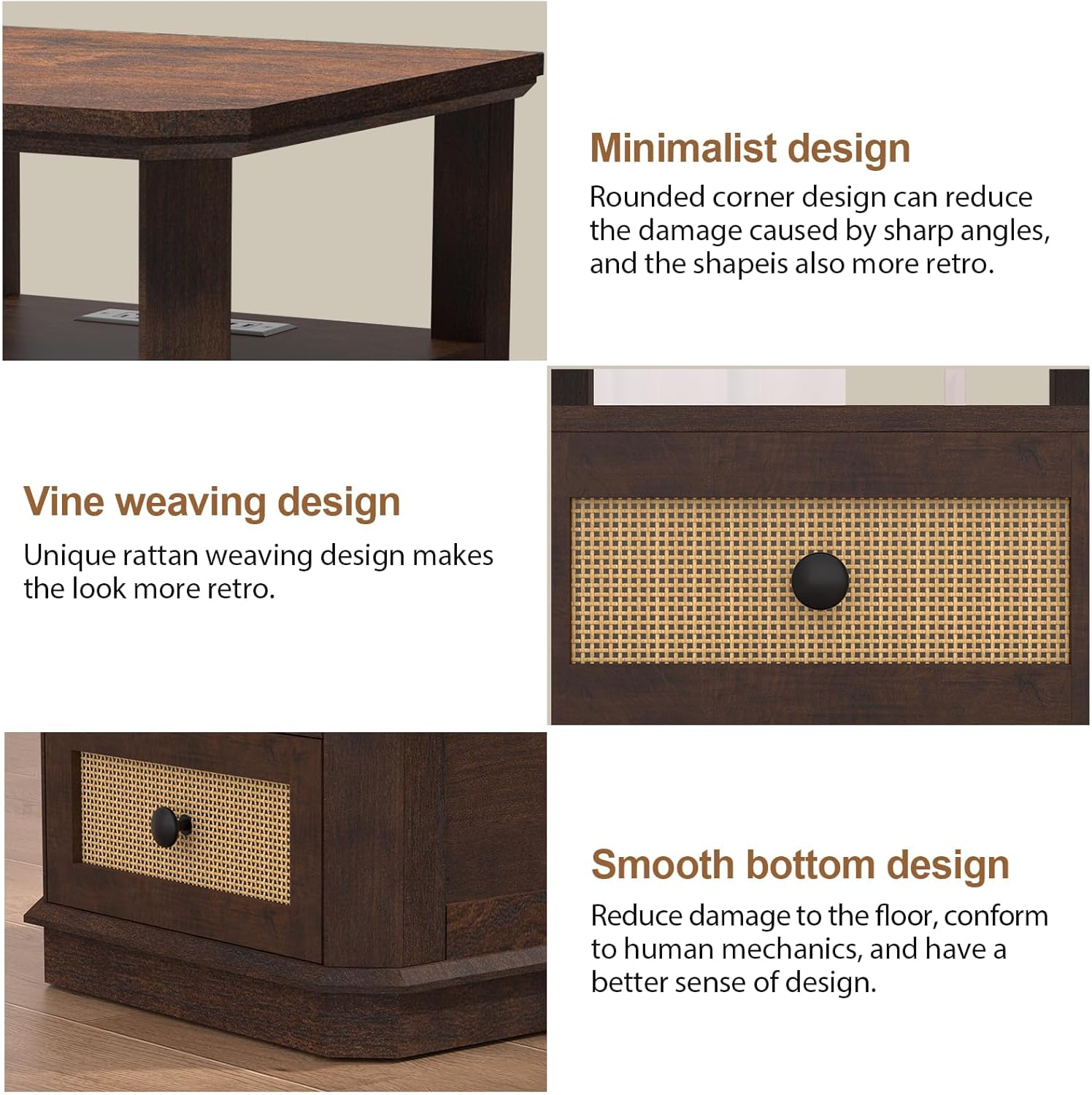 24" End Table Set of 2 with Charging Station, Rattan Drawer Sofa Side Table, Anti-Collision Corner Wooden Nightstand for Living Room Bedroom Office